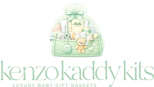Kenzo Kaddy Kits luxury baby gift basket with teddy bear and baby items on a white background